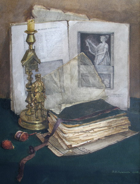 Victoria Kiryanova. Still life with candlestick and books, 2000